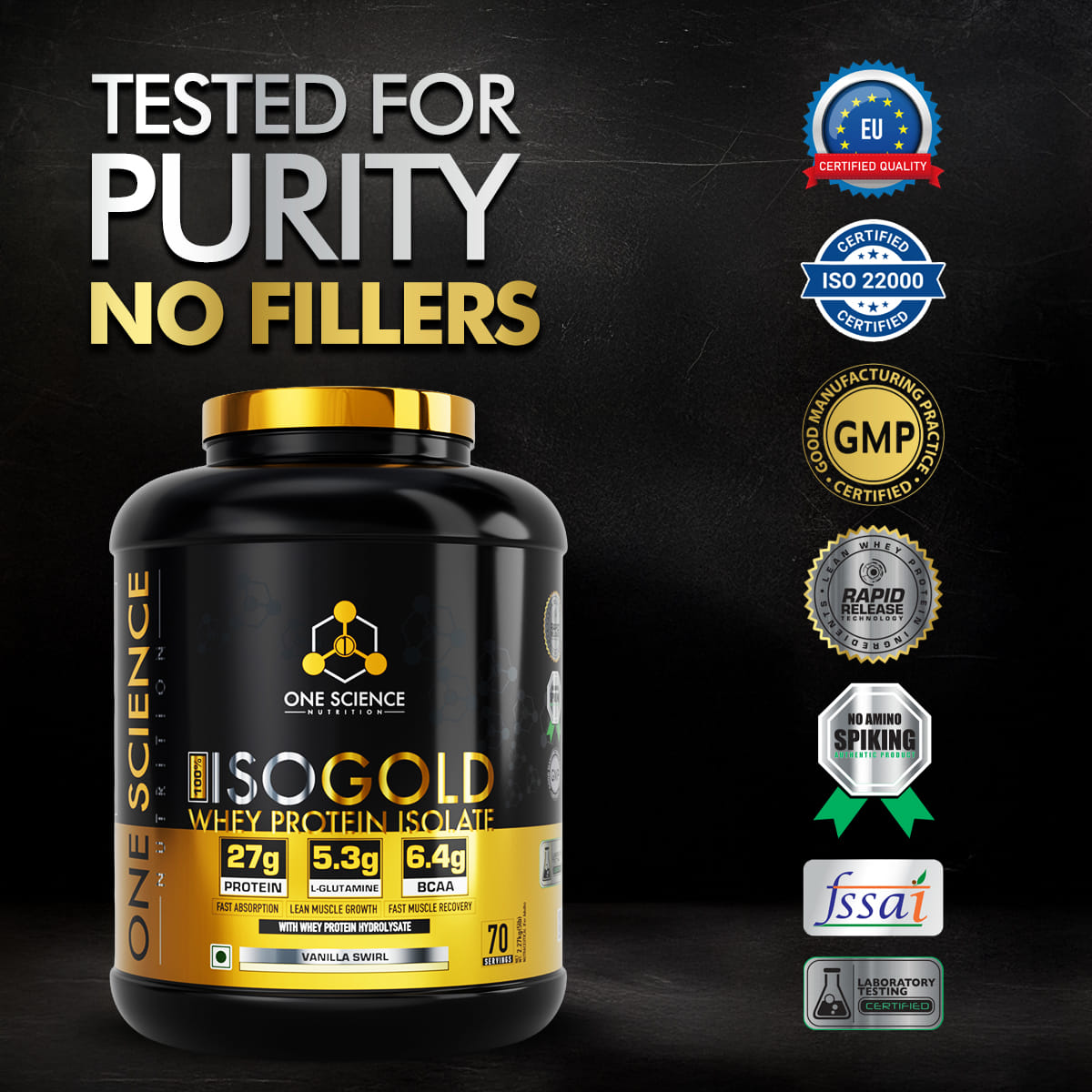 

One Science Nutrition ISO Gold Whey Protein Isolate | 27g Protein, 5.3g L-Glutamine, 6.4g BCAA | Fast Absorption & Lean Muscle Support | Vanilla S...