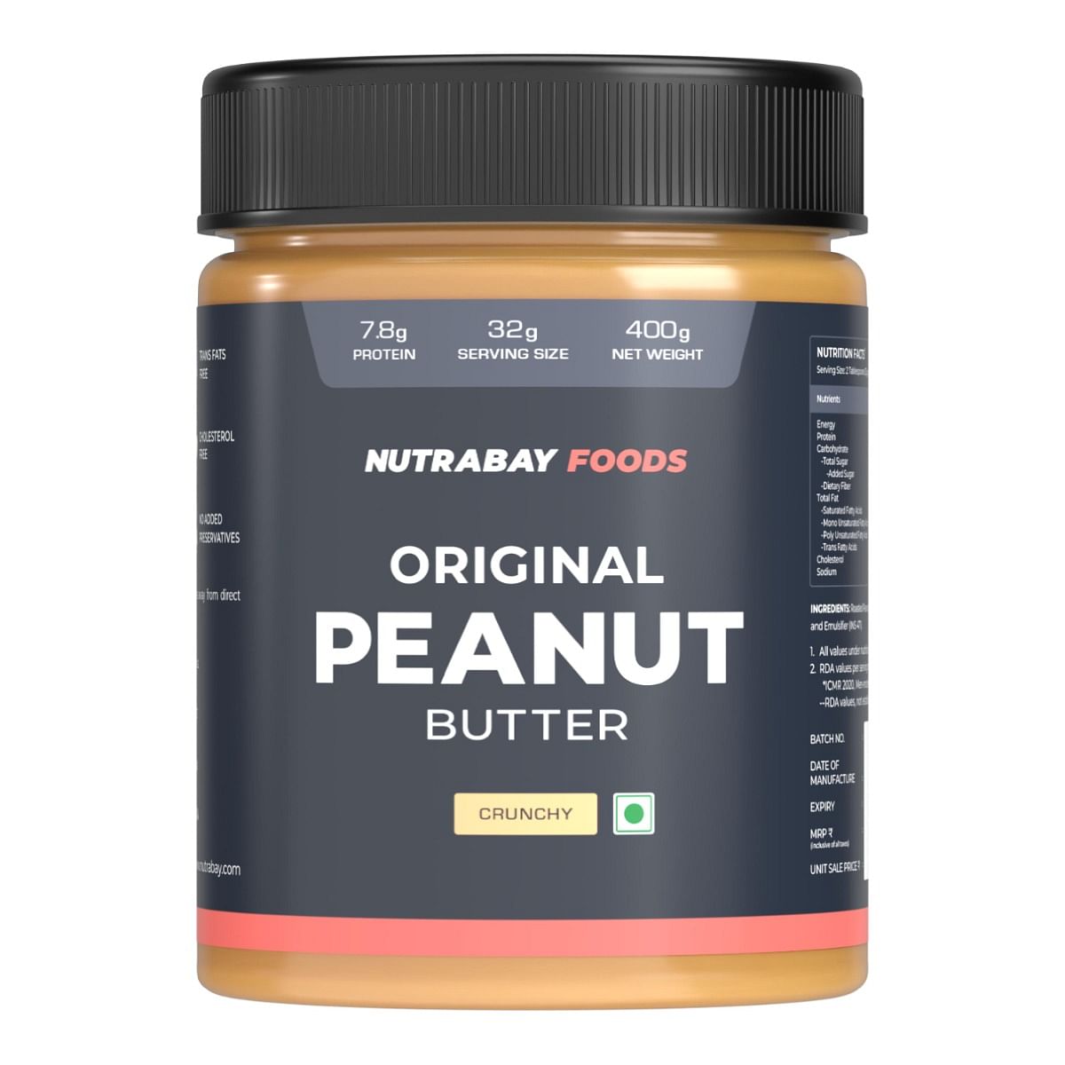 

Nutrabay Foods Original Peanut Butter (Crunchy) - 400G | 100% Roasted Peanuts, 28G Protein | Zero Cholesterol, Vegan Friendly, No Added Preservati...