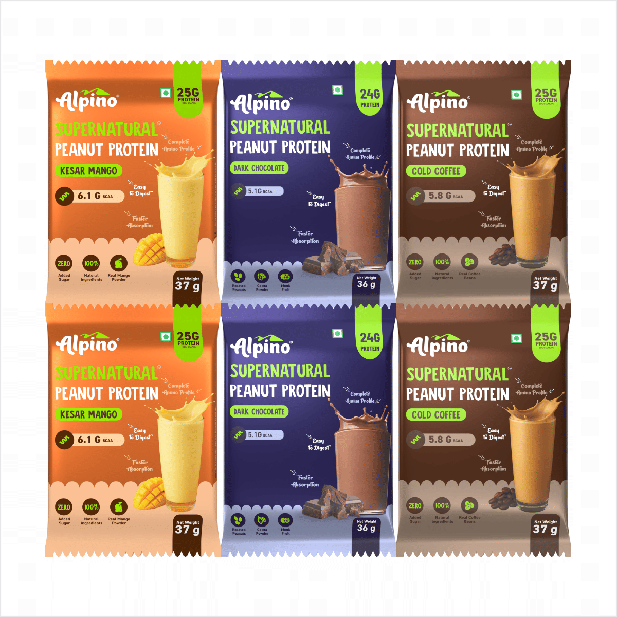 

Alpino Supernatural Peanut Protein Powder Assorted Pack of 6 (Cold Coffee + Dark Chocolate + Kesar Mango)