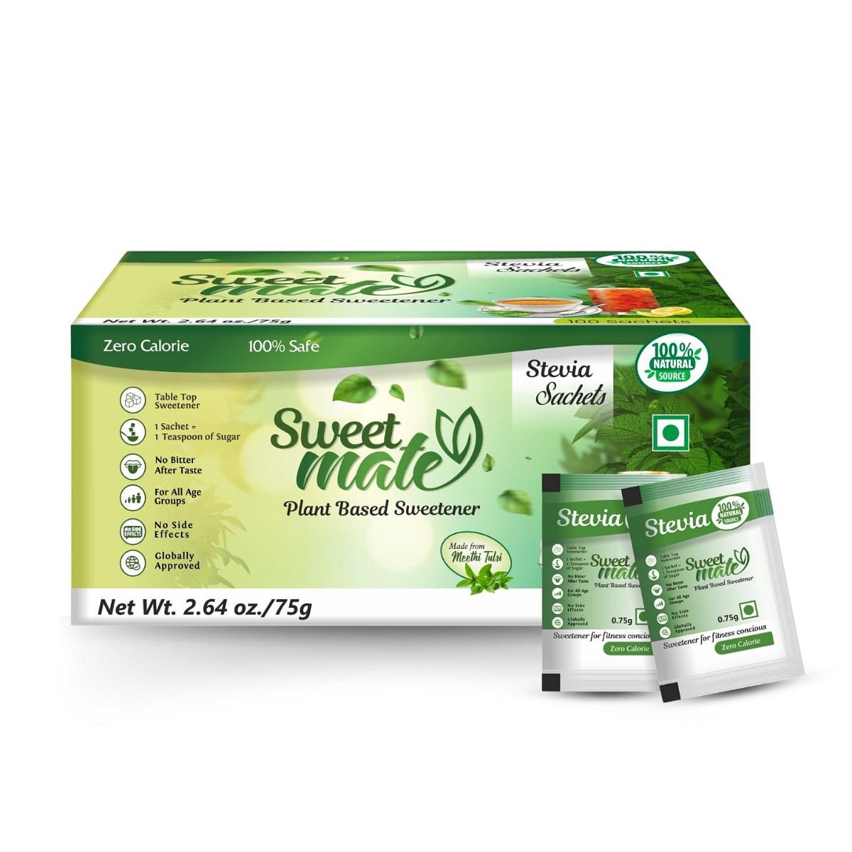 

Sweetmate Stevia Sachets - 100 Units (100 Servings) | 100% Natural Sugar Free | Diabetic Friendly, Plant-Based Natural Sweetener Powder, Zero Calor...