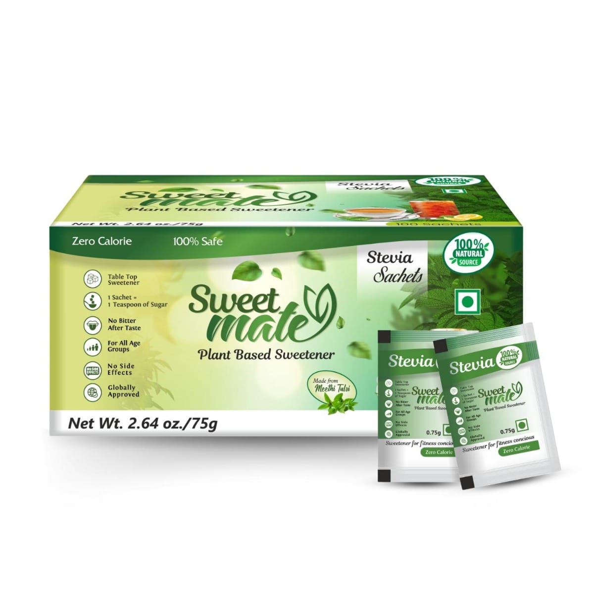 Sweetmate Stevia Sachets | 100% Sugar Free, Natural, Diabetic Friendly | Plant-Based Natural Sweetener Powder, Zero Calories | Vegan & Keto Friendly Stevia Powder