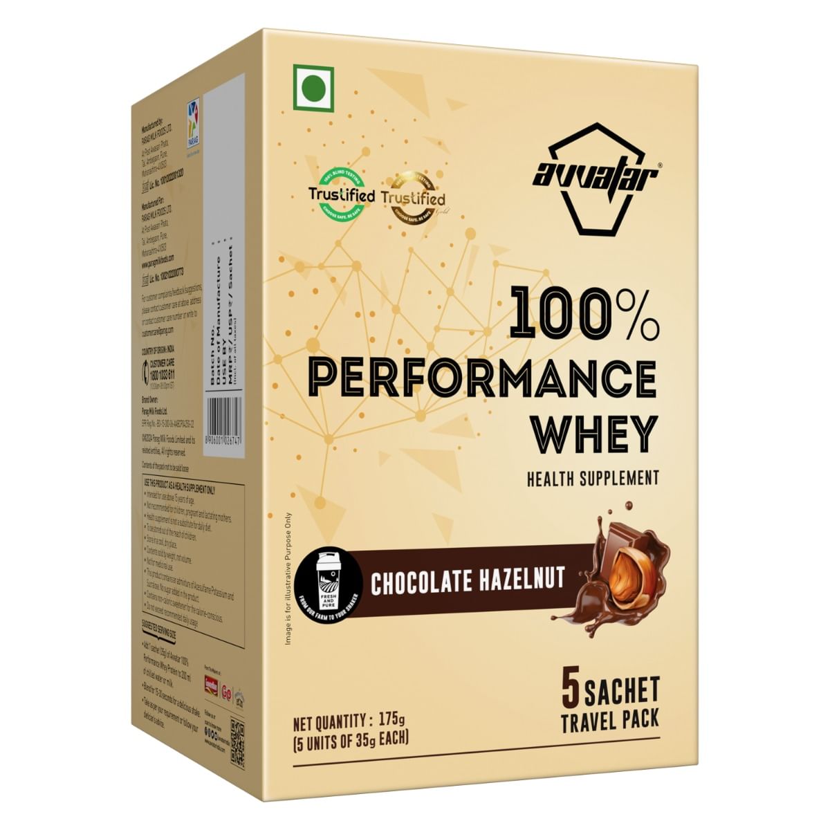 

Avvatar PERFORMANCE WHEY PROTEIN | (5x35g) Travel Pack | Chocolate Hazelnut Flavour | 26g Protein