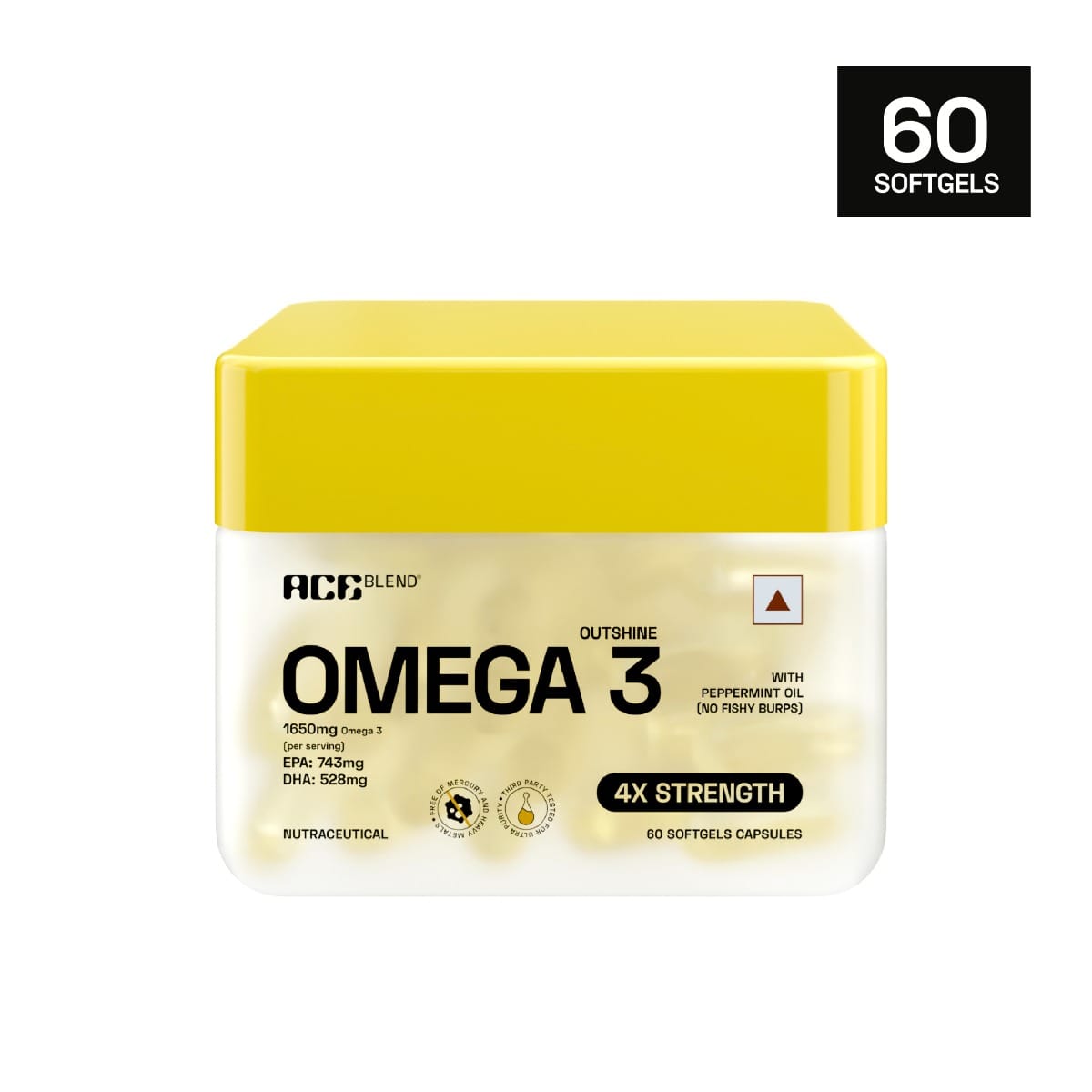 Ace Blend Outshine Omega 3 Fish Oil Capsules | 1650 Mg Fatty Acids | 2 capsules for Quadruple Strength with 743mg EPA 528 mg DHA, No Fishy Burps | Supports Heart, Brain, Joints & Eyes