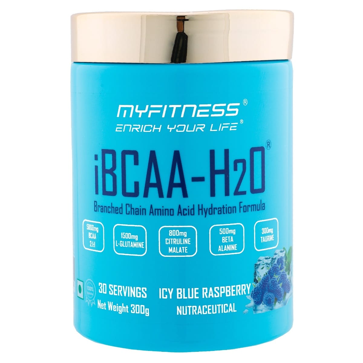 MYFITNESS ® iBCAA-H2O BCAA 30 Servings|5000mg BCAA 2:1:1| 1500mg L-Glutamine|800mg Citruline Malate| 500mg Beta Alanine|300mg Taurine| 850mg Electrolyte Blend| 300gms