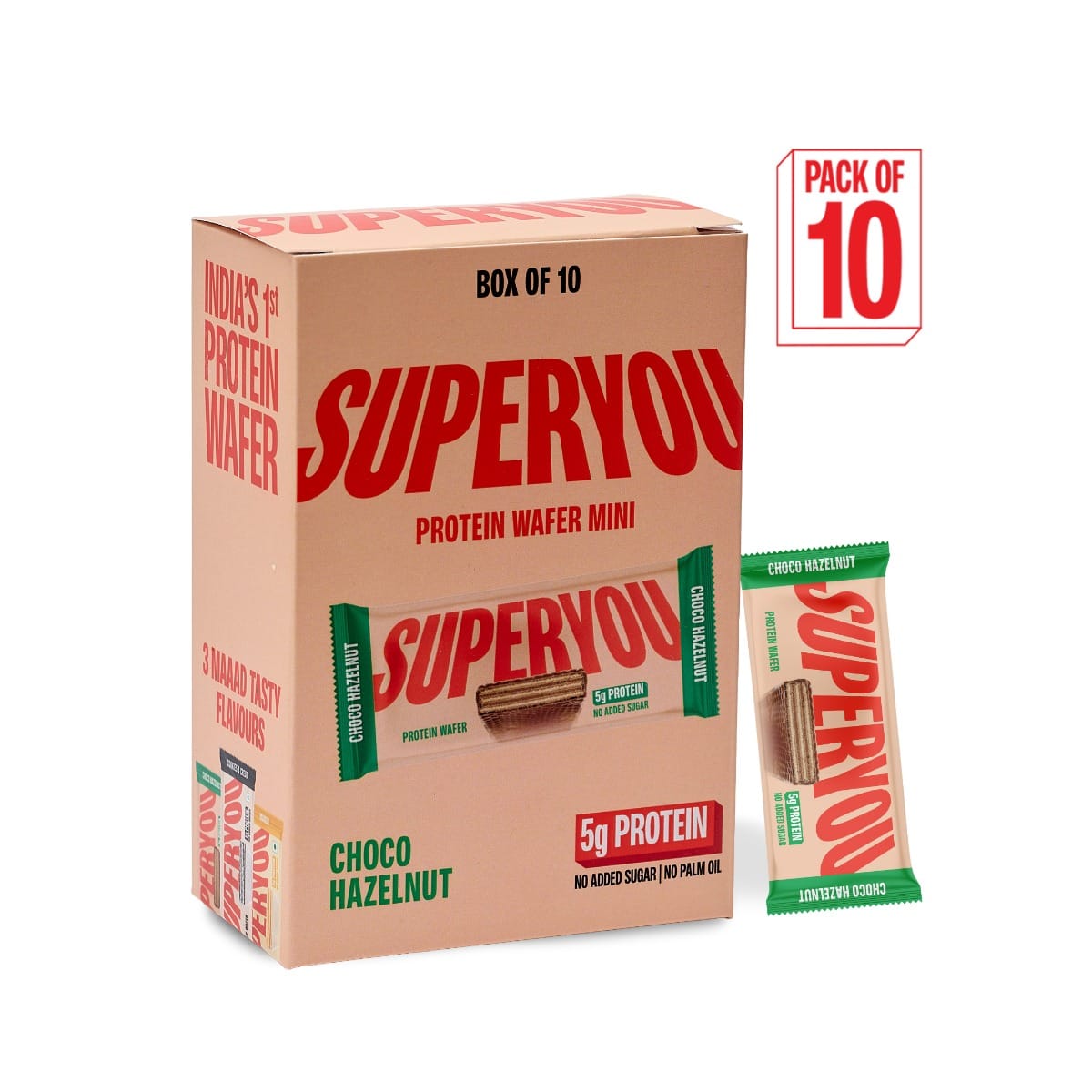Superyou Protein Wafer Mini Bars (Pack Of 10) | 5g Protein | Made with Atta & Jowar | No Added Sugar | No Palm Oil | 200g