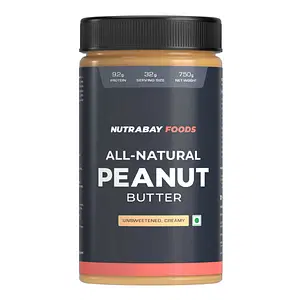 Nutrabay Foods All-Natural Peanut Butter (Creamy) - Unsweetened | 100% Roasted Peanuts, 28g Protein, Zero Cholesterol, Vegan, Gluten Free, Non GMO 