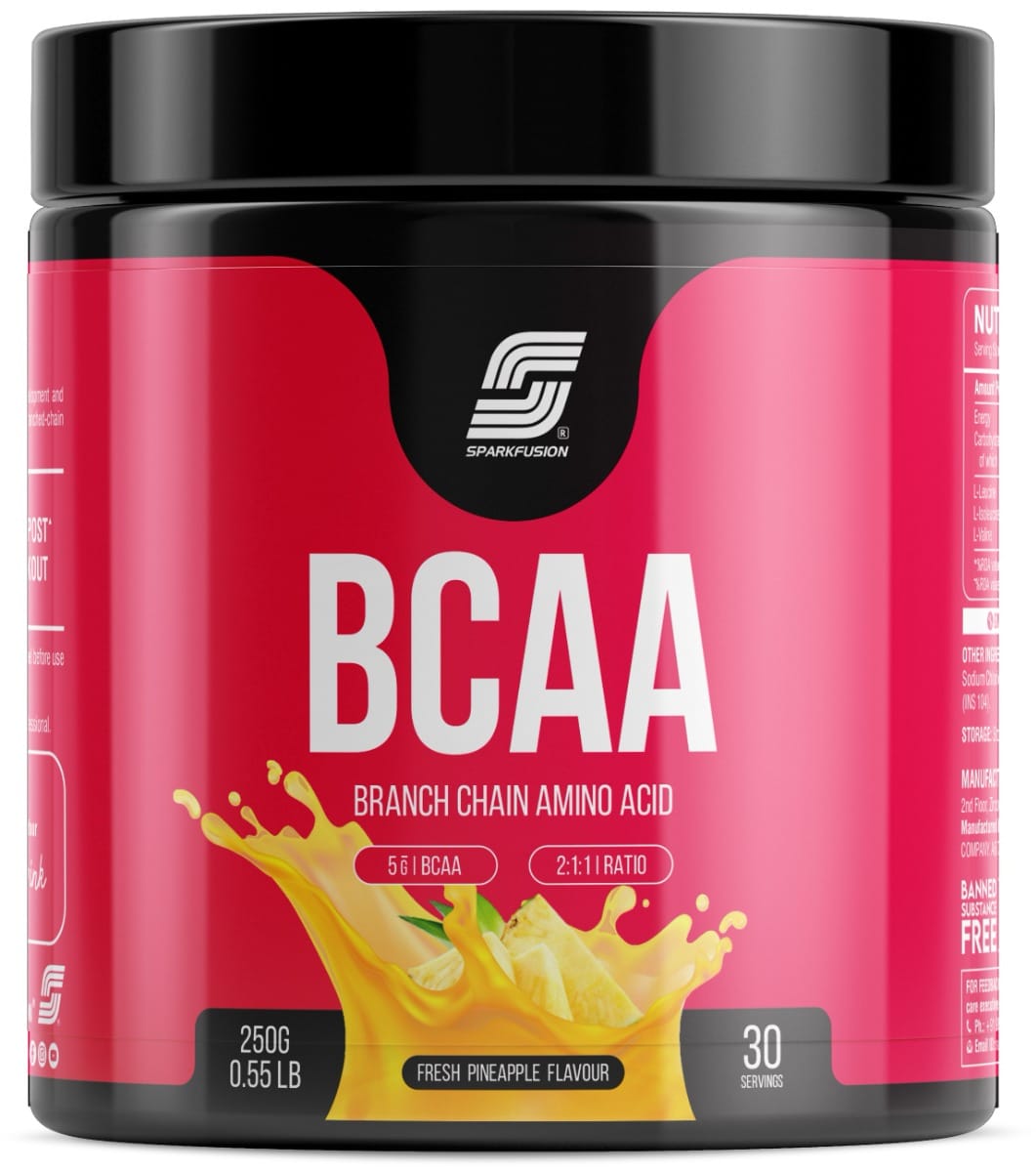 

Sparkfusion BCAA Pure-Amino -250 gm (50 Servings) With Complete Ratio of 2:1:1 for Recovery & Performance Boost,Energy Powder (Fresh Pineap...