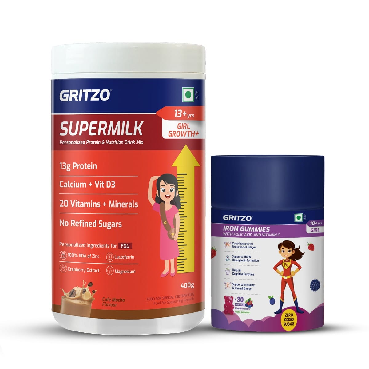 Gritzo SuperMilk Growth+ (Formerly Height+) (13+y Girls) with Iron Gummies (Mixed Berry Flavour, 30 Gummies) | Pack of 2 (400g)-image-8