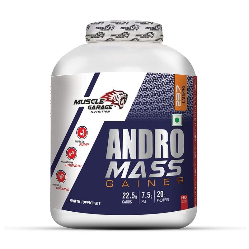 

Muscle Garage Andro Mass gainer for Bulking and Muscle Growth | 273 Kcal Energy , 20gm Protein ,22.5gm Cabs | 2.7 Kg | Choco Carmel
