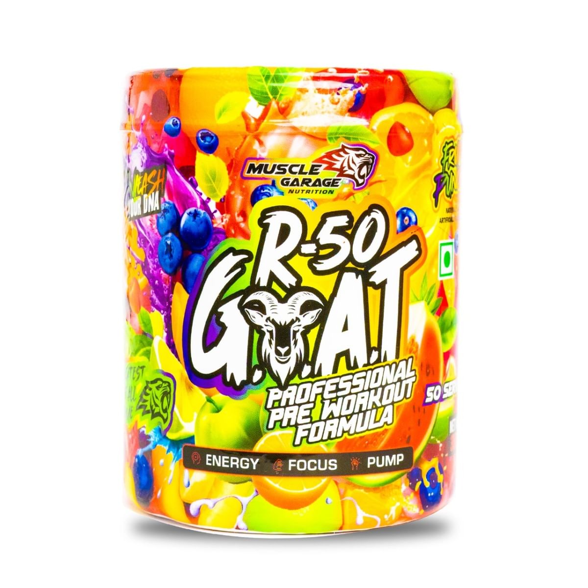 

Muscle Garage R-50 GOAT Pre-Workout| Energy, Focus, Strength & Muscle Pump Booster | 50 Servings – Explosive Performance Supplement | 350 gm |Fruit...