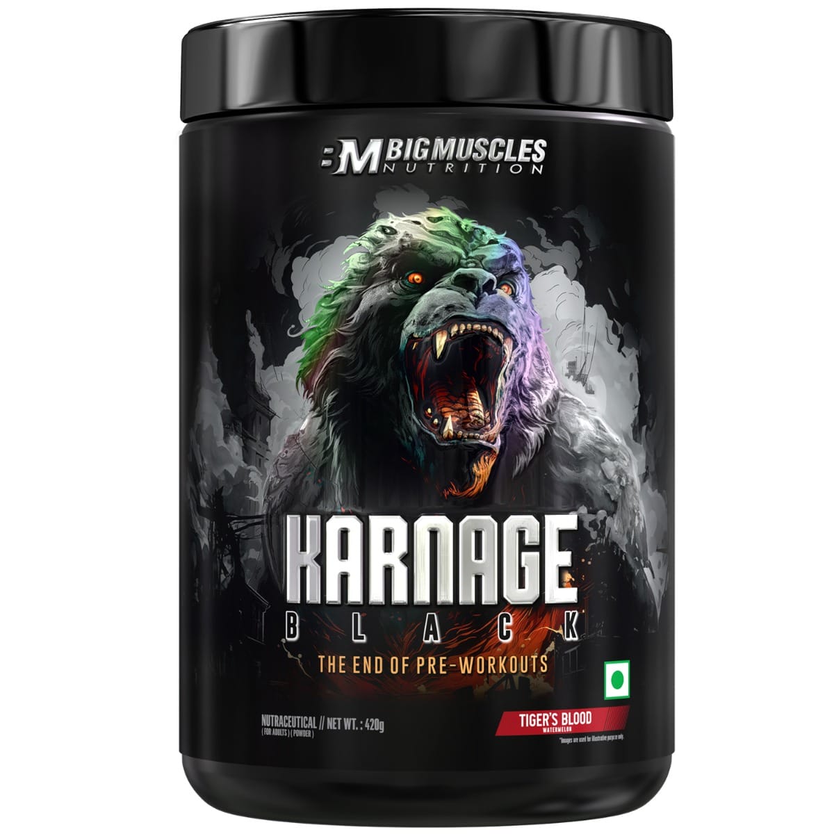 

Bigmuscles Nutrition Karnage Black Preworkout | Massive Pump | Laser Focus | Explosive Energy | Gorilla Power | No Itching | With Nitrosigine - [Ti...