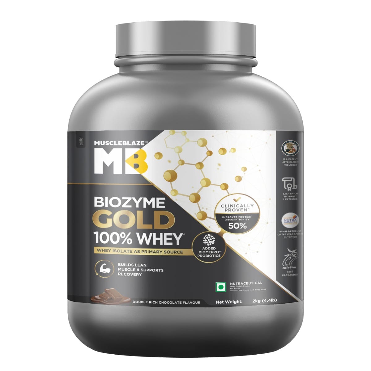 

MuscleBlaze Biozyme Gold 100 Whey Protein | Whey Isolate as Primary Protein Source (Double Rich Chocolate, 2kg / 4.4 lb)