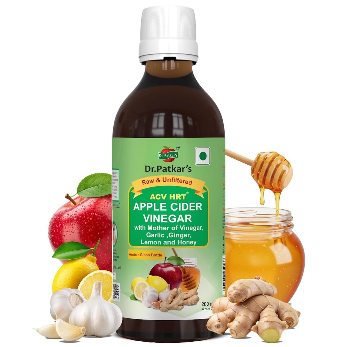 

Dr. Patkar's Apple Cider Vinegar with Ginger, Garlic, Lemon & Honey | Unfiltered & Undiluted (With Mother) 200ml