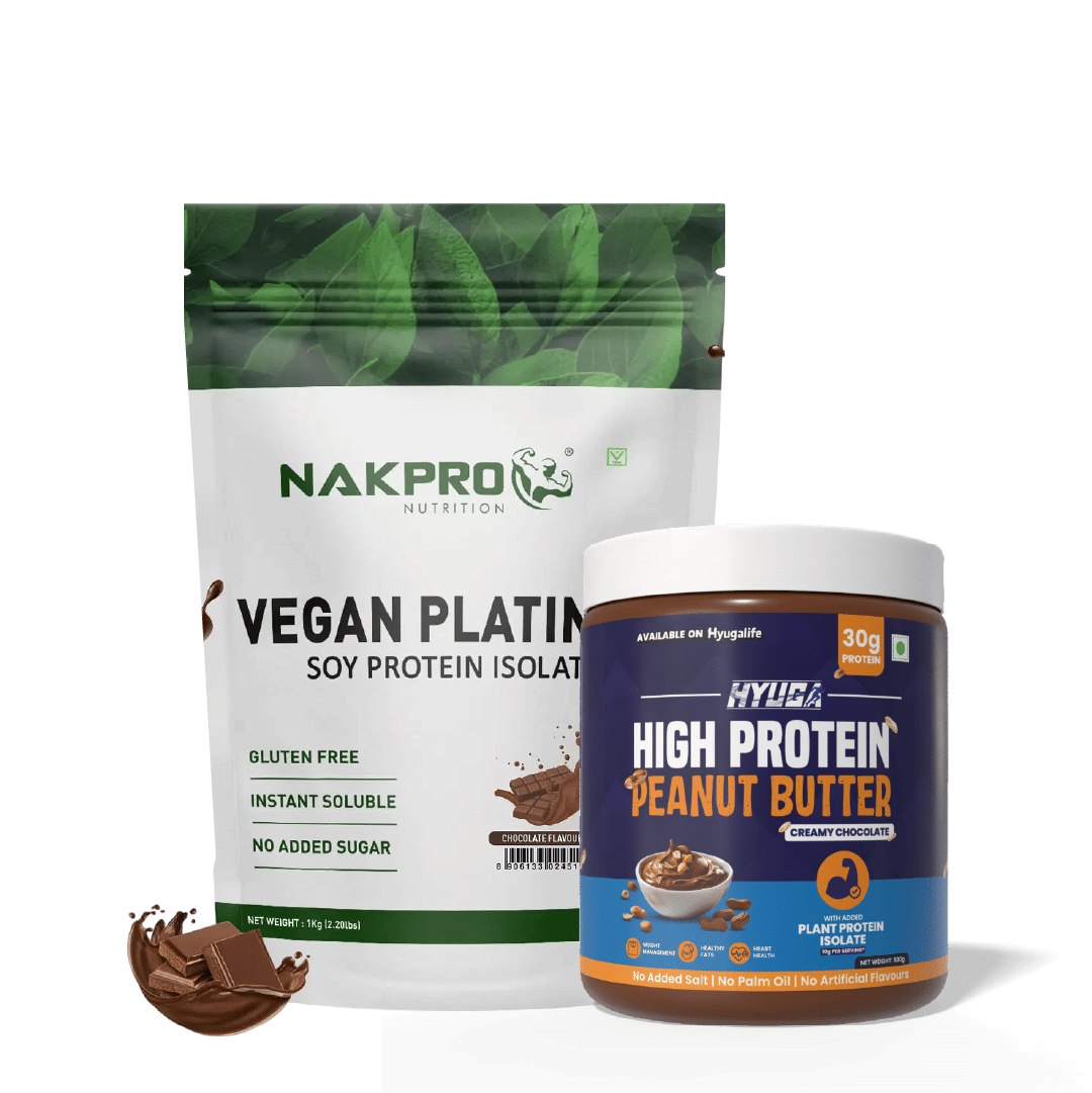 

NAKPRO 100% Soy Protein Isolate, Chocolate - 1kg | 25.3g Protein, 4.6g BCAA & Hyuga High Protein Peanut Butter Creamy 500g | Unsweetened | 30% High...