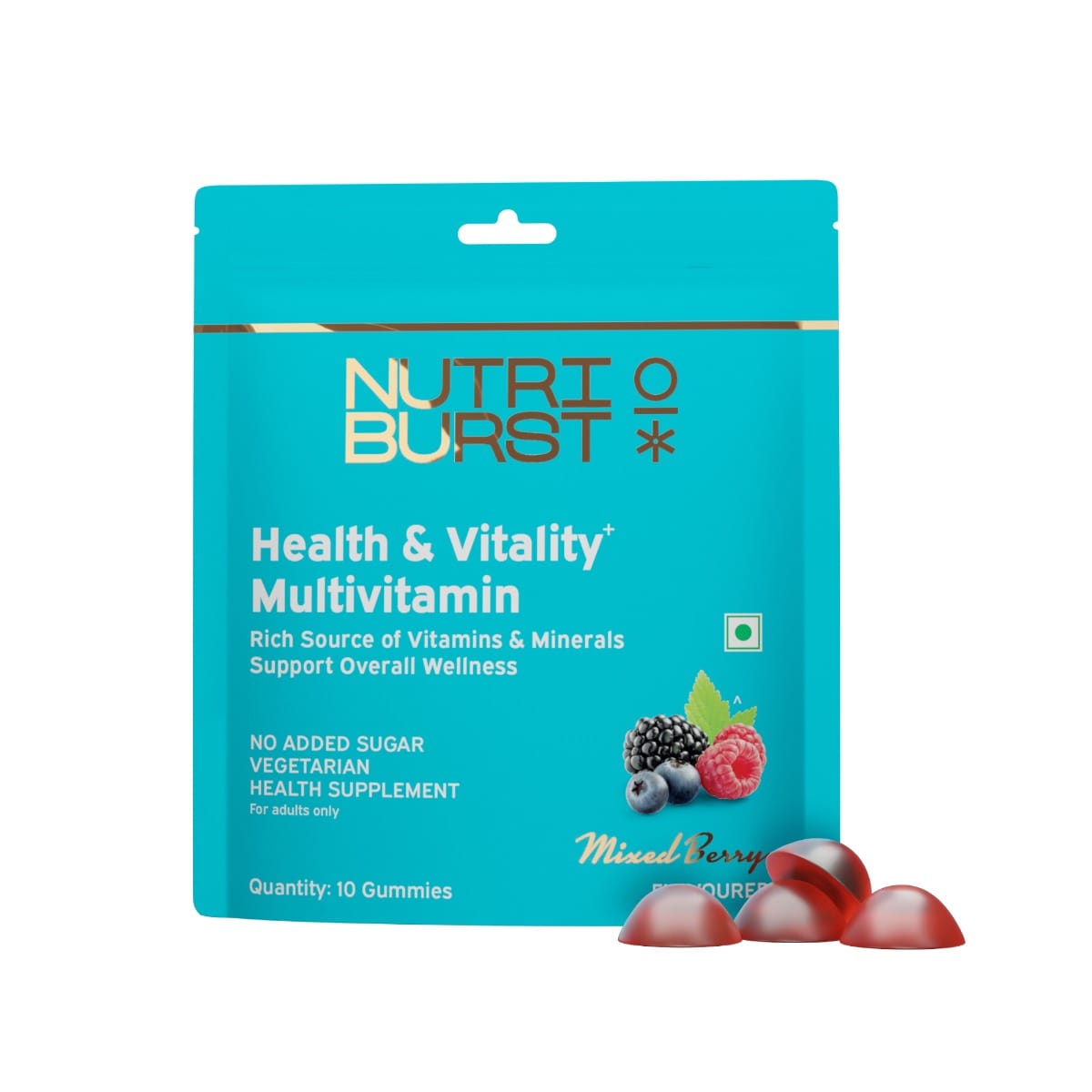 Nutriburst Health & Vitality Gummies with Multi Vitamins A, B, C, D, E & Biotin No-Added Sugar Mixed Berry Flavor 100% Vegetarian