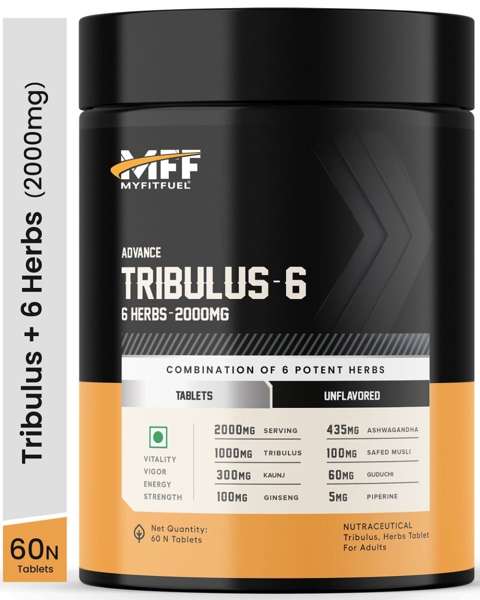 

MyFitFuel Tribulus-6 (6 Herbs- Tribulus, Ginseng, Kaunj, Safed Musli, Ashwagandha, Guduchi & Piperine 95%) (2000mg) (60 capsules) (50% Saponins) Na...