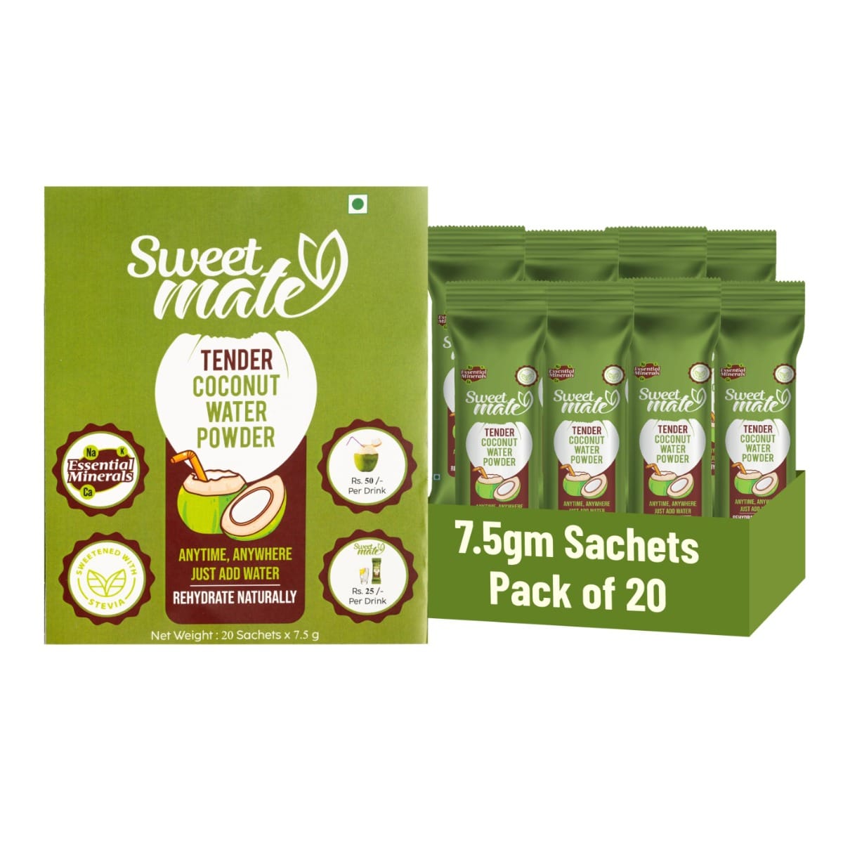 Sweetmate Pure and Raw Tender Coconut Water Premix Powder - Pack Sachets - Natural Electrolytes Drink for an Instant Energy - Nariyal Paani for Daily Hydration & Healthy Skin - No Artificial Flavors, Fragrance, or Preservatives | Nariyal Pani