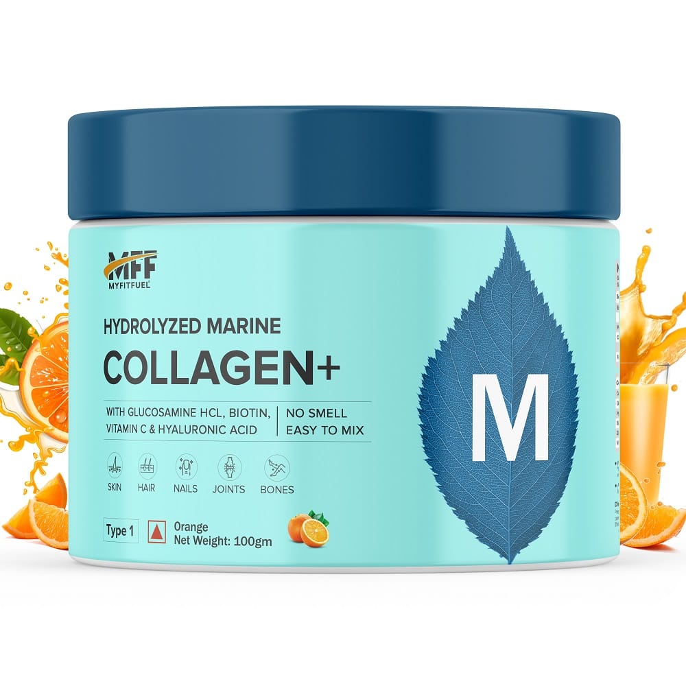 

MyFitFuel Hydrolyzed Marine Collagen with Glucosamine, Hyaluronic Acid, Biotin, Zinc & Vitamin C | For Skin, Hair, Nails & Joints (Orange, 100 gm)