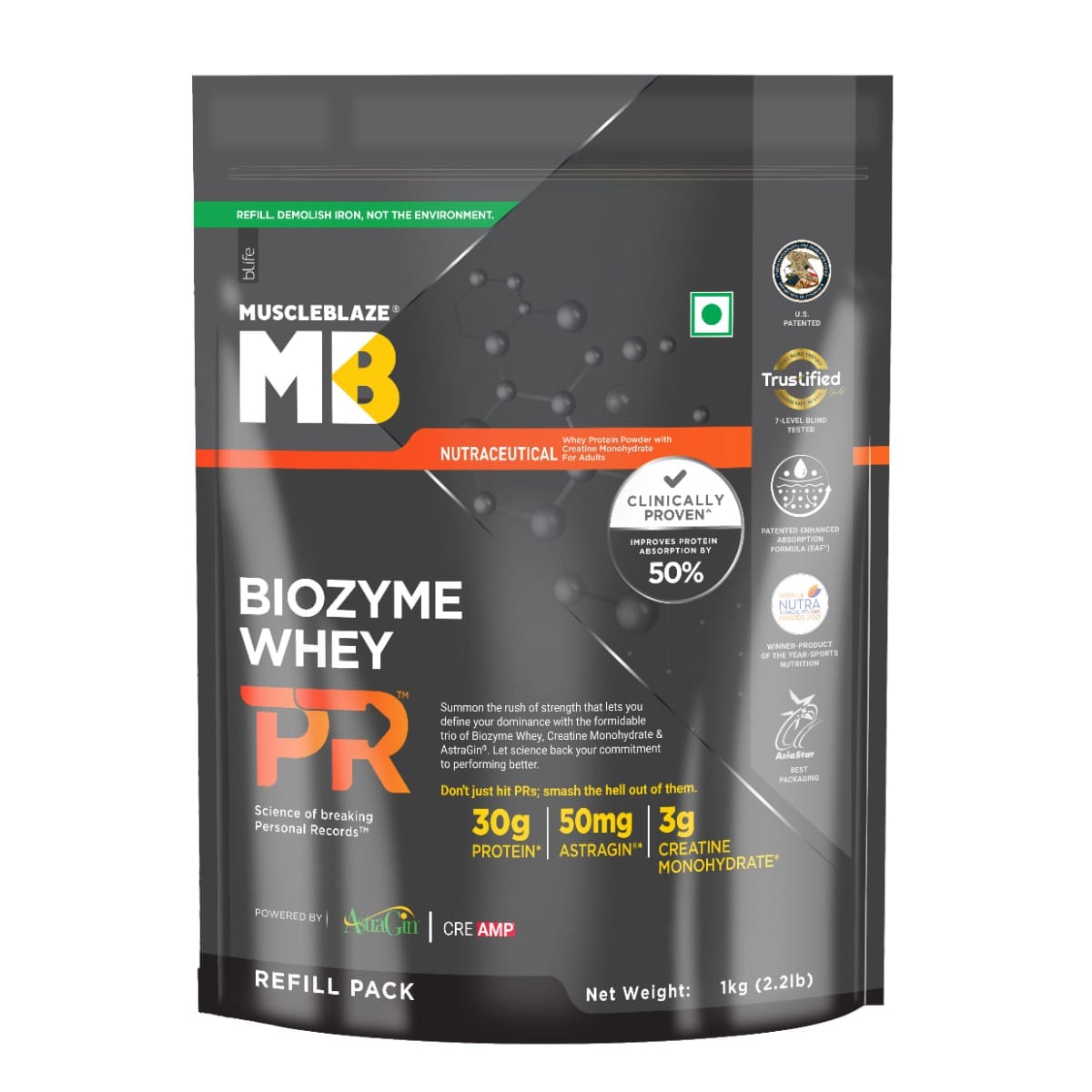 

MuscleBlaze Biozyme Whey Protein PR with 30g Protein, 3g Creatine Monohydrate & 50mg AstraGin | Trustified Gold Certified (1kg Refill Pack) | Molte...