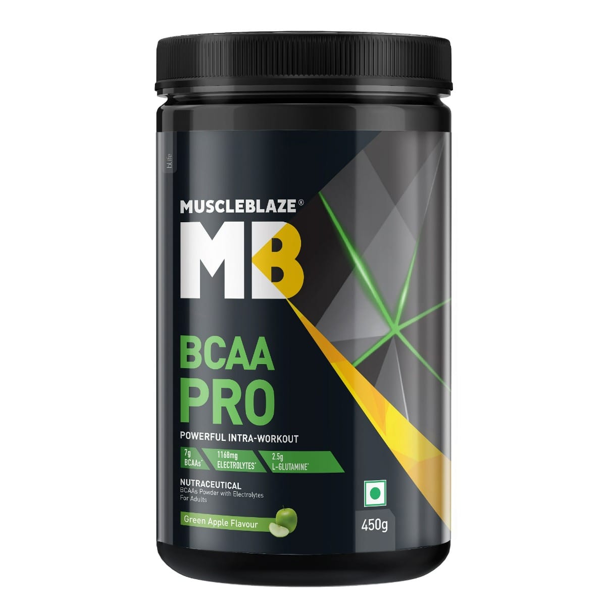 

MuscleBlaze BCAA Pro Powder, Powerful Intra Workout | With 7g BCAAs, 1168mg Electrolytes & 2.5g Glutamine (Green Apple, 450g, 30 Servings)
