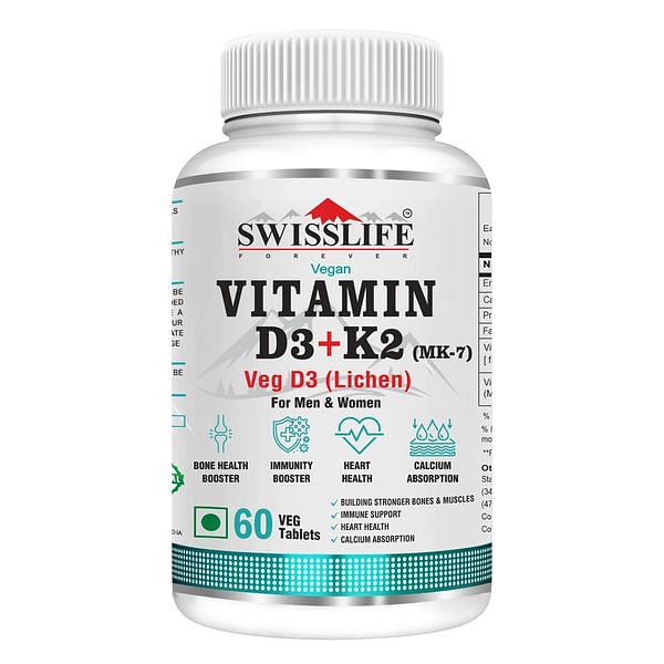 

Swisslife Forever Vitamin D3 + K2 (MK7) | Plant Based Vitamin D3 Lichen Source | Immunity, Heart, Muscle & Bone Health | Plant - Based |60 Veg Tablets