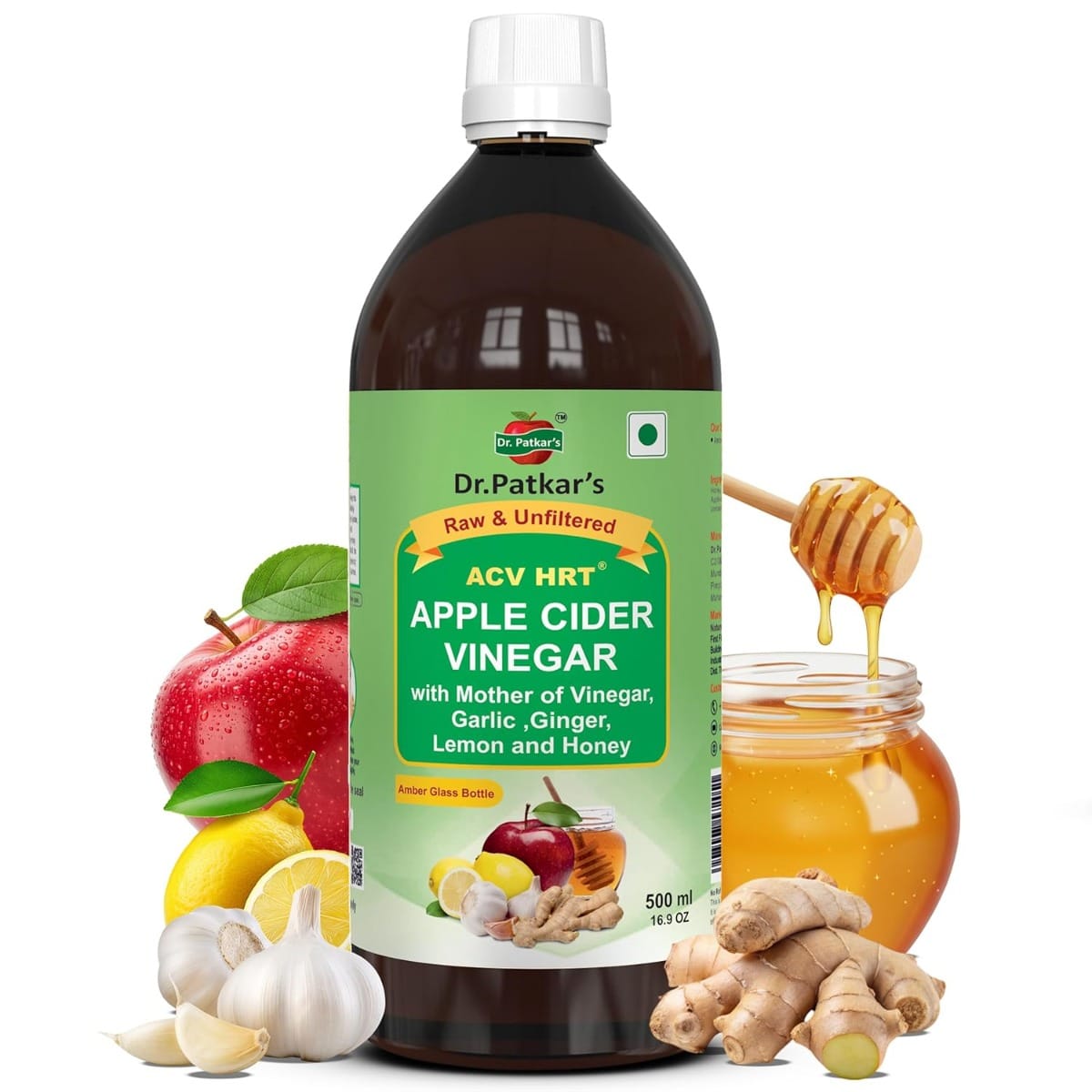 

Dr. Patkar's Apple Cider Vinegar with Ginger, Garlic, Lemon & Honey | Unfiltered & Undiluted (With Mother) 500ml