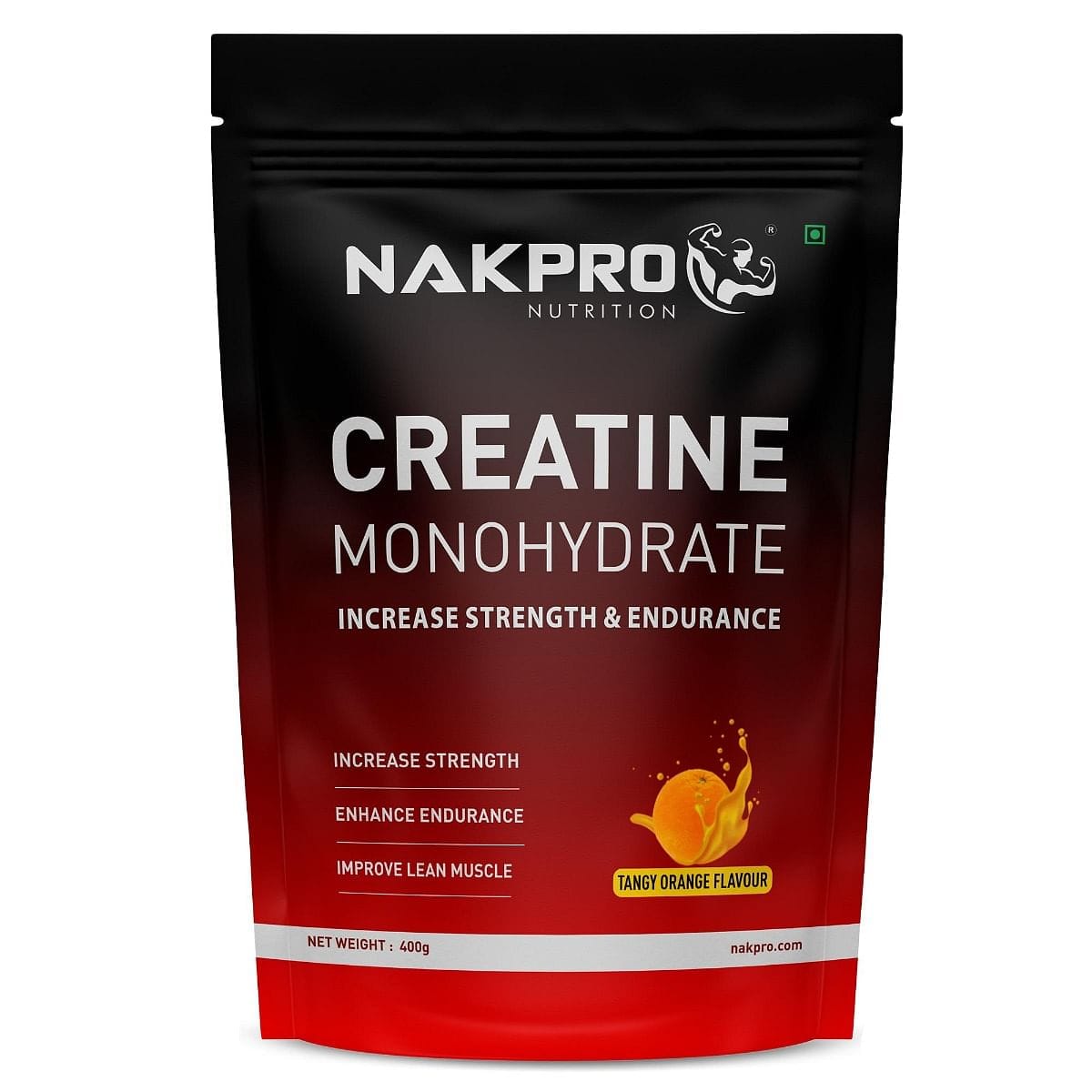 NAKPRO Micronised Creatine Monohydrate Powder (400g, Tangy Orange) | 3g Creatine/Serving
