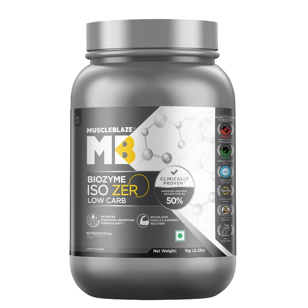 

MuscleBlaze Biozyme Iso-Zero, Low Carb, 100 Pure Whey Protein Isolate with USA Patent-Published Enhanced Absorption Formula (EAF®), Informed Choice...