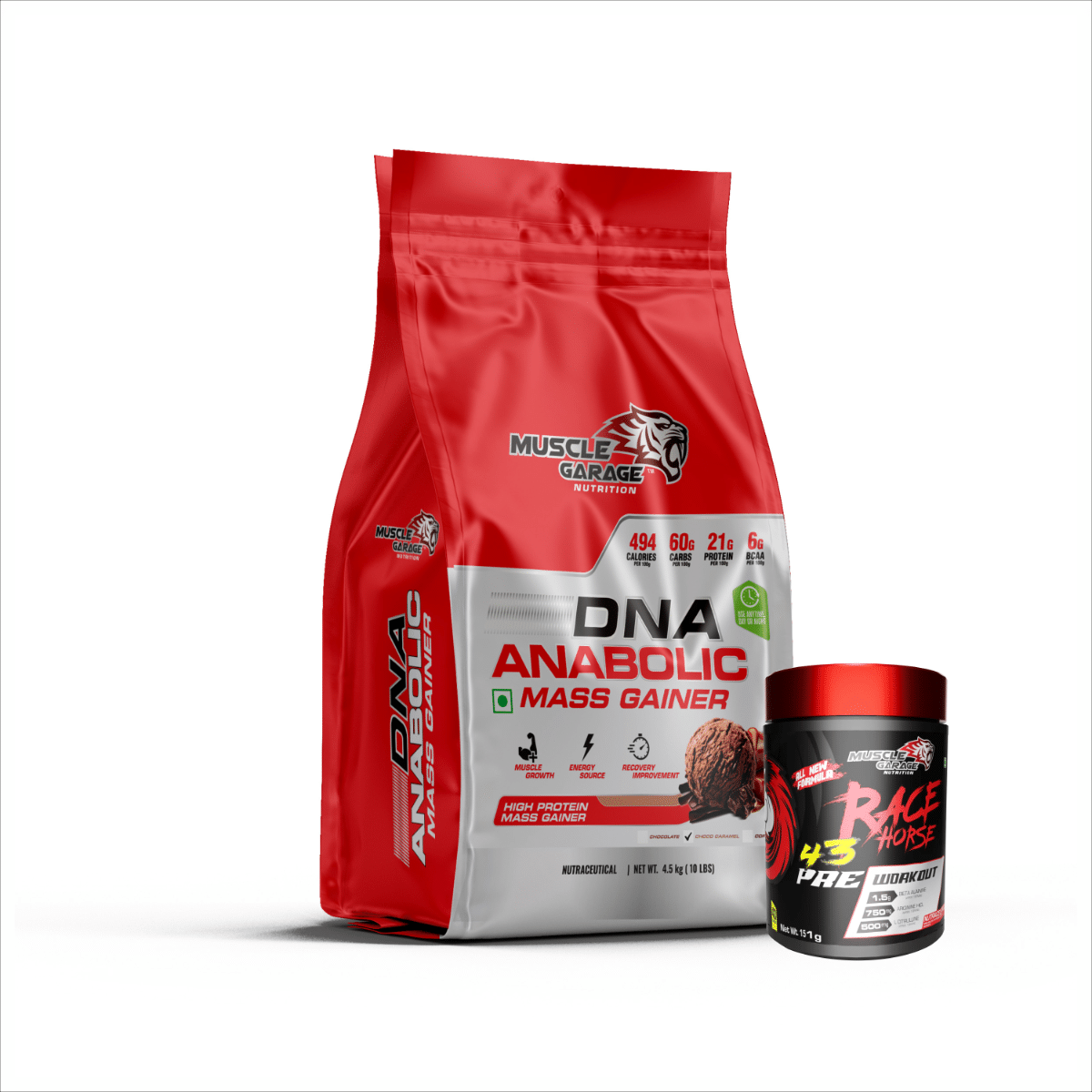 

Muscle Garage DNA Anabolic Mass Gainer | Muscle Growth & Recovery| 4.5 Kg| Choco Caramel With Race Horse Preworkout Fruit Punch