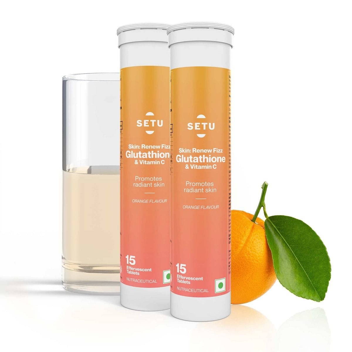 Setu Skin Renew - 30 Effervescent Tablets | Glutathione With Vitamin C, Gluta Fizz, Supports Detoxification, Sugar-Free | Orange Flavour