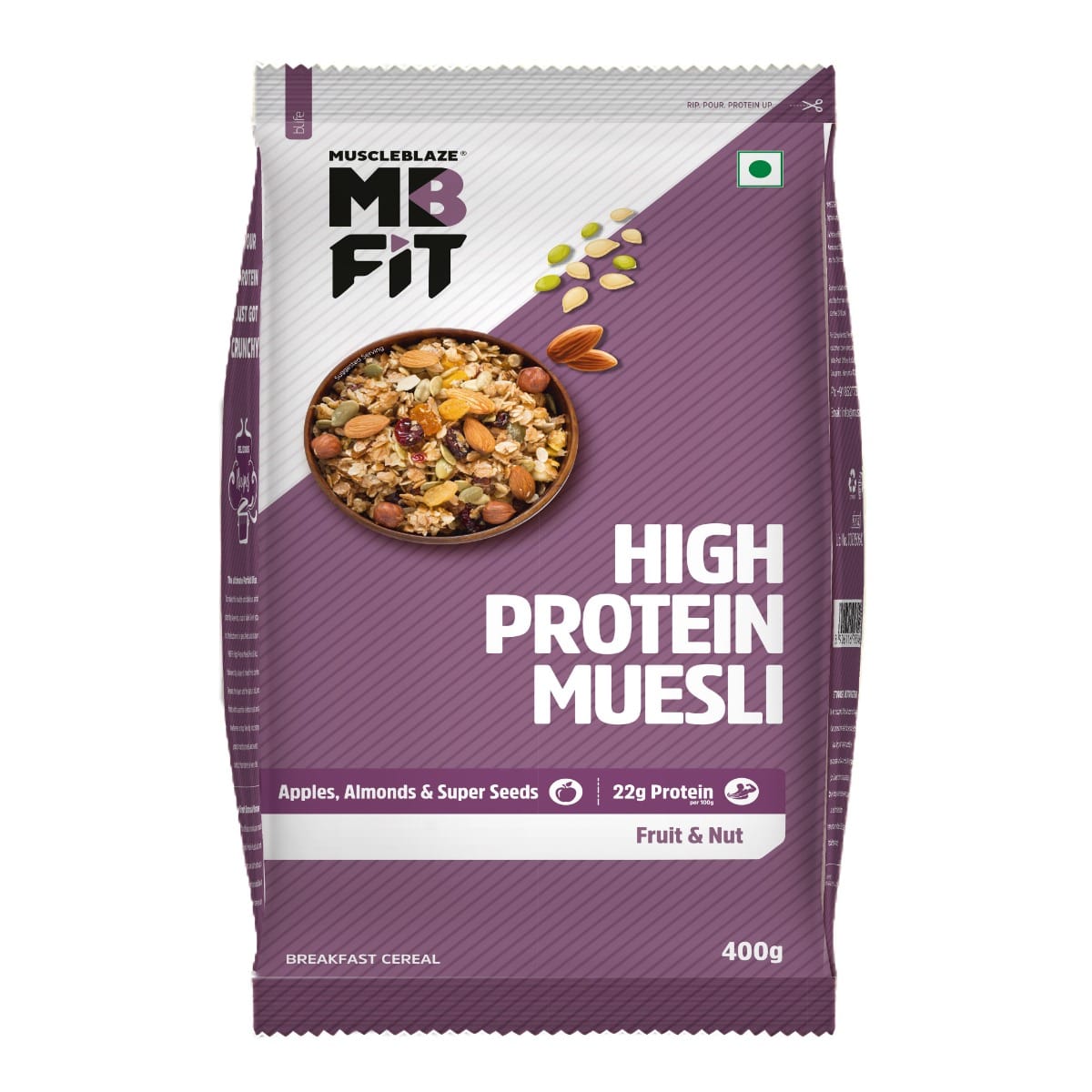 

MuscleBlaze Fit High Protein Muesli | 22g Protein | With Apple, Almonds & Super Seeds, Protein Breakfast Cereals (Fruits & Nut, 400g)