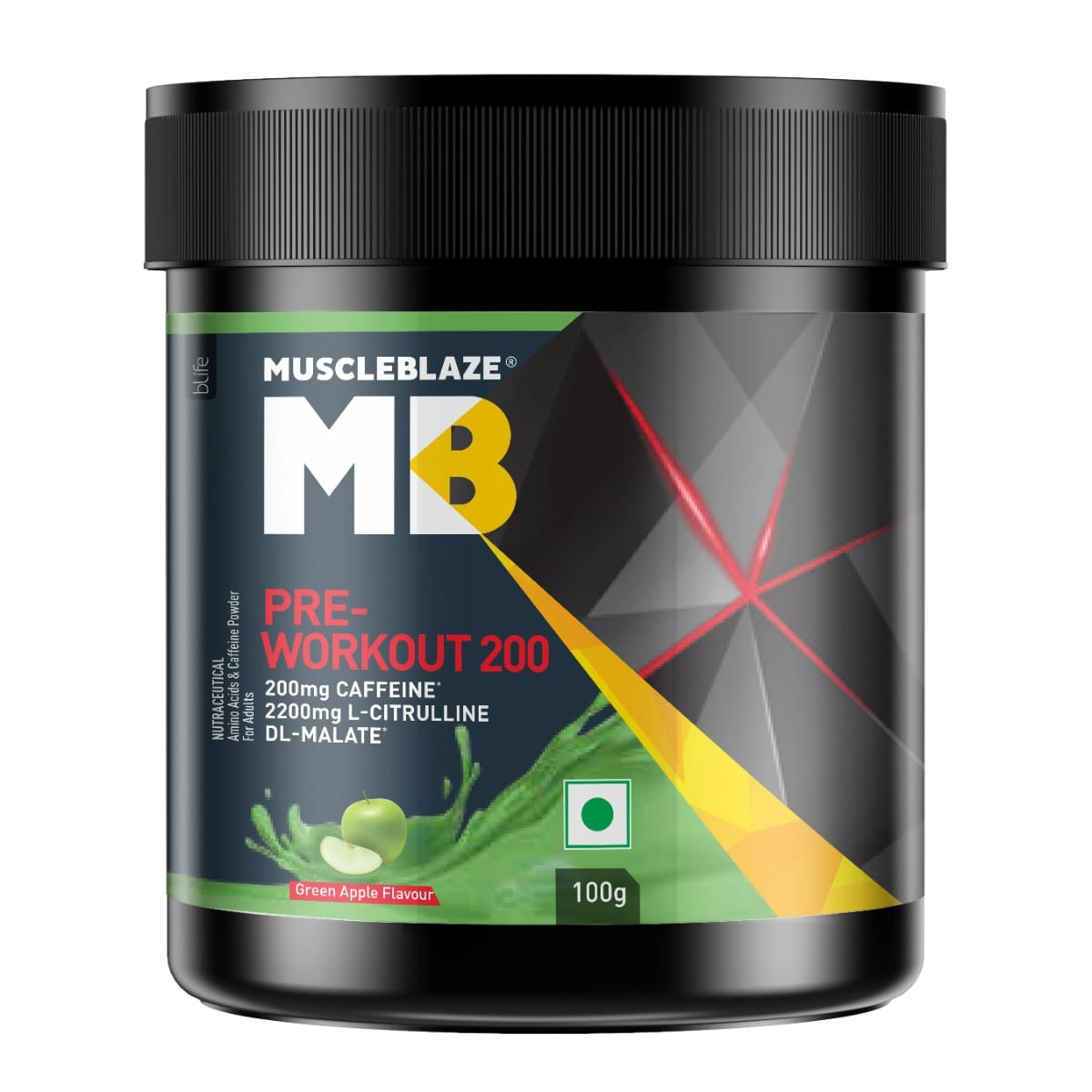 

MuscleBlaze Pre Workout 200 | 200mg Caffeine, 2200mg Citrulline (Green Apple, 20 Servings, 100g)