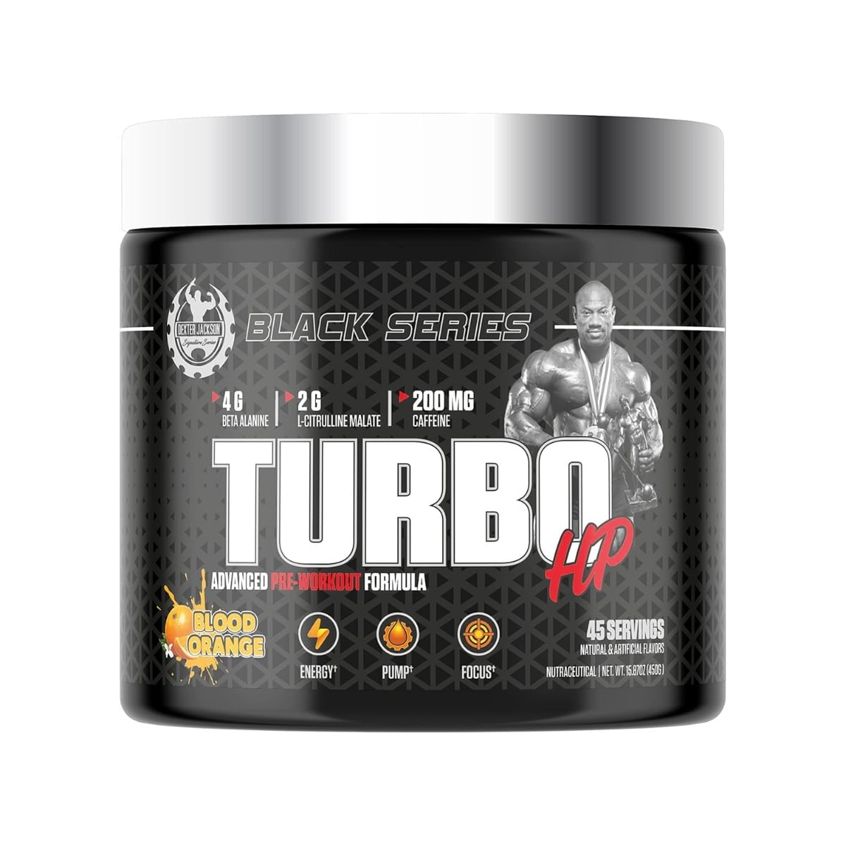 

Dexter Jackson Black Series Turbo HP Pre Workout | Advanced Formula Blood Orange Flavor | 45 Servings, 450g | Boost Energy and Performance