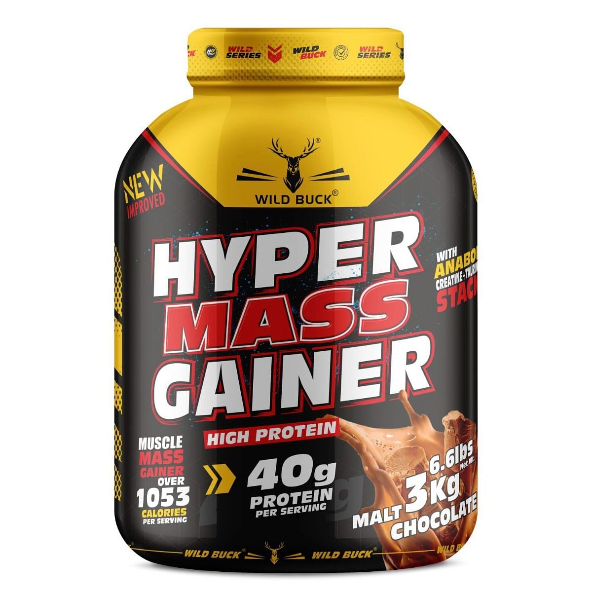 

WILD BUCK Hyper Mass Gainer with Creatine + Taurine ,1053 Calories & 40g Protein (Malt Chocolate, 3kg)