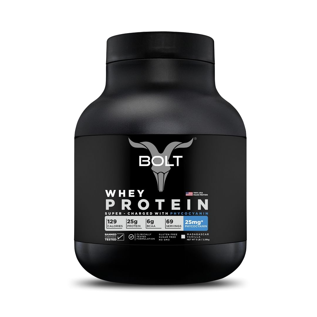 

Bolt Whey Protein 2.26kg | Madagascar Vanilla | 69 Servings | 25g Protein | 25mg Phycocyanin | Improves performance | Faster Recovery | Muscle Growth