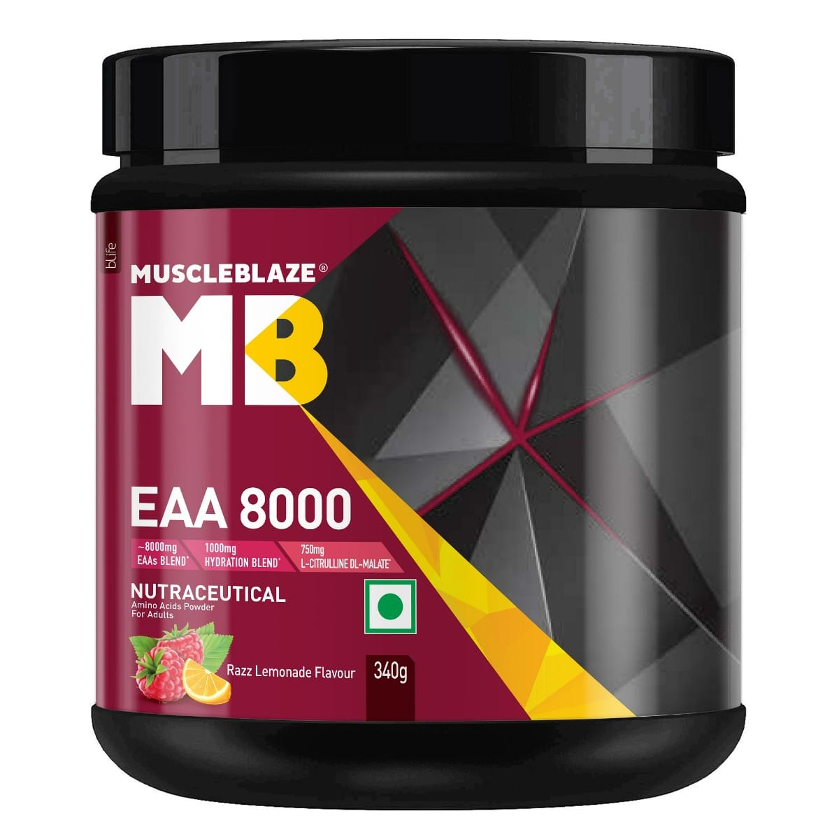 

MuscleBlaze EAA 8000 Powder | 8000mg EAAs Blend, 1000mg Hydration Blend | 750mg L-Citrulline (Razz Lemonade, 340g, 25 Servings)