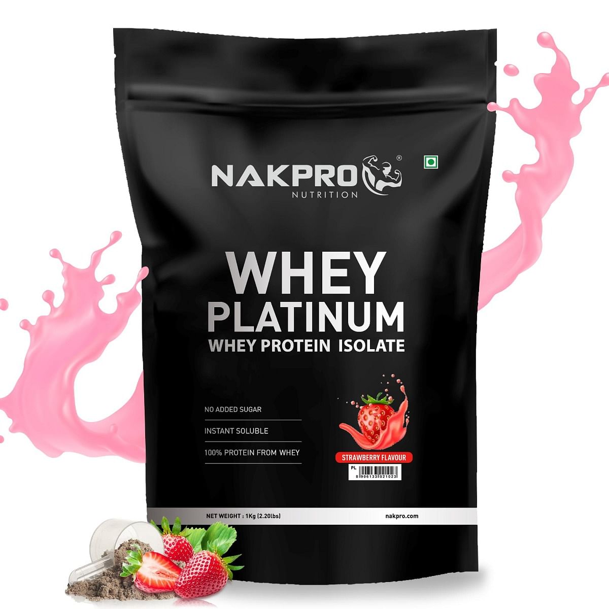 

NAKPRO Platinum Whey Protein Isolate 1kg Strawberry | 28g Protein, 6.4g BCAA | Trustified Certified 100% Authentic Supplement Powder & No Adulterat...