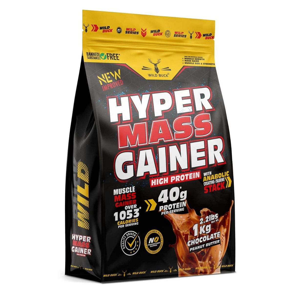 

WILD BUCK Hyper Mass Gainer with Creatine + Taurine ,1053 Calories & 40g Protein (Chocolate Peanut Butter,1Kg)