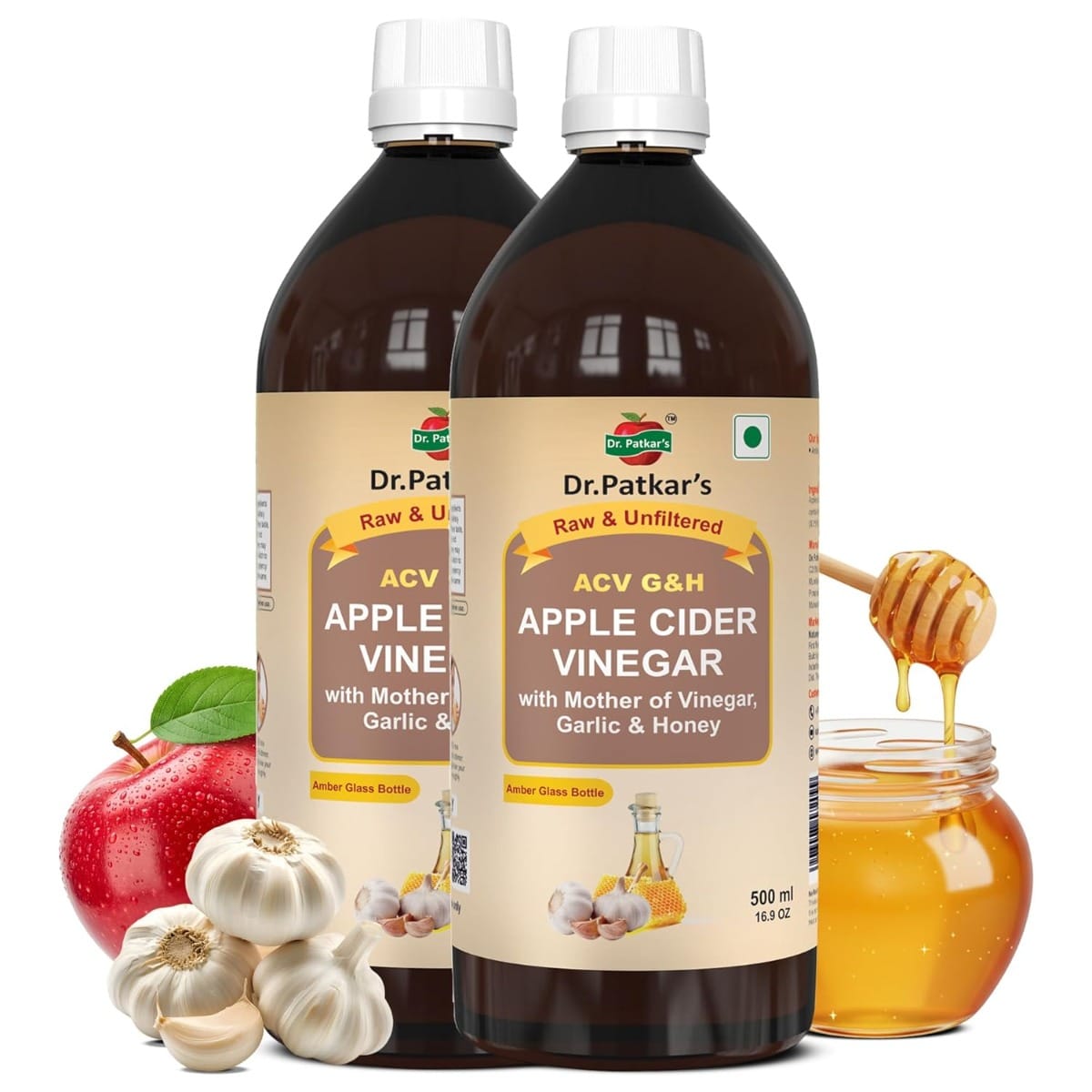 

Dr. Patkar's Apple Cider Vinegar with Garlic & Honey 500ml | Unfiltered & Undiluted | Suitable for BP management and lowers bad cholesterol, Immuni...
