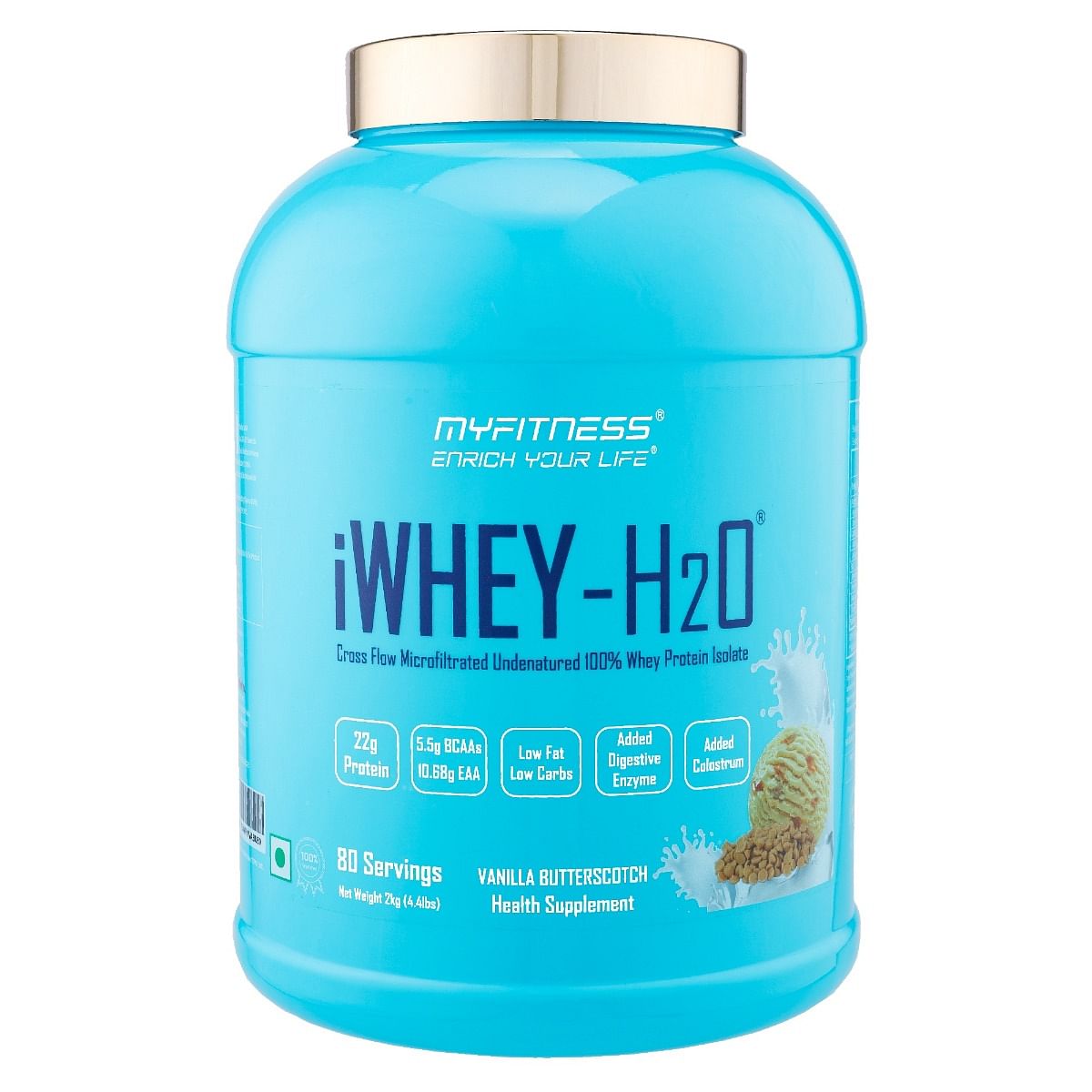 

MYFITNESS ® iWHEY- H2O 80 Servings|Whey Protein Isolate| 88% Premium Whey Protein Isolate Per Serving|5.5g BCAA| 10.68g EAA| Added Digestive Enzyme...