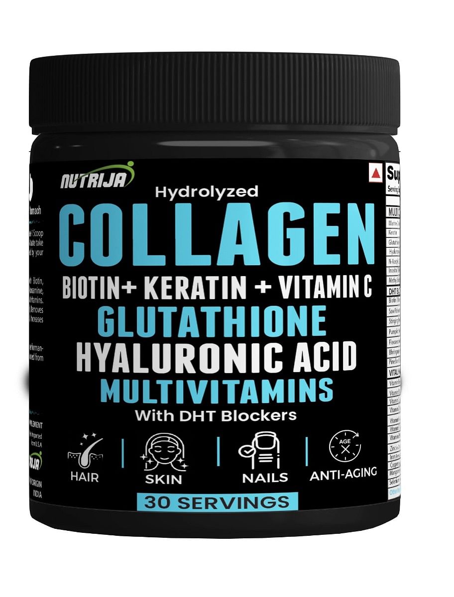 

NutriJa Collagen Powder with Glutathione, Hyaluronic Acid, Vitamin C, E, Zinc with DHT Blockers & Multivitamins - (30 Servings (Lychee))