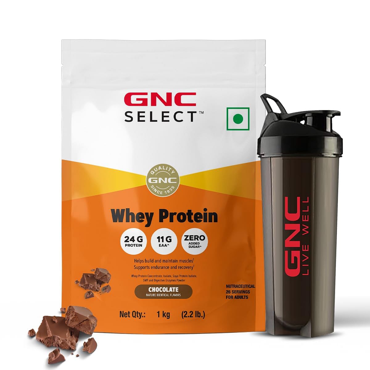 

GNC 100% Whey Protein Powder With Free Shaker | 2.2 LBS (1KG) | Chocolate | Faster Muscle Recovery | 24 Gm Protein | Boosts Strength & Endurance | ...