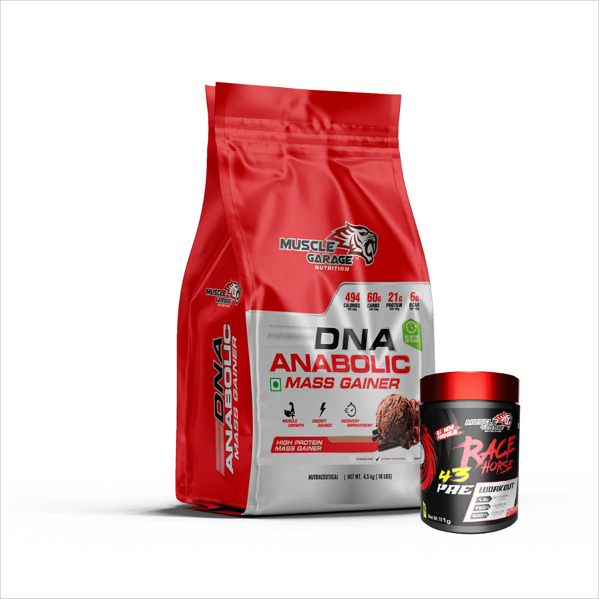 

Muscle Garage DNA Anabolic Mass Gainer | Muscle Growth & Recovery| 4.5 Kg| Choco Caramel With Race Horse Preworkout Orange