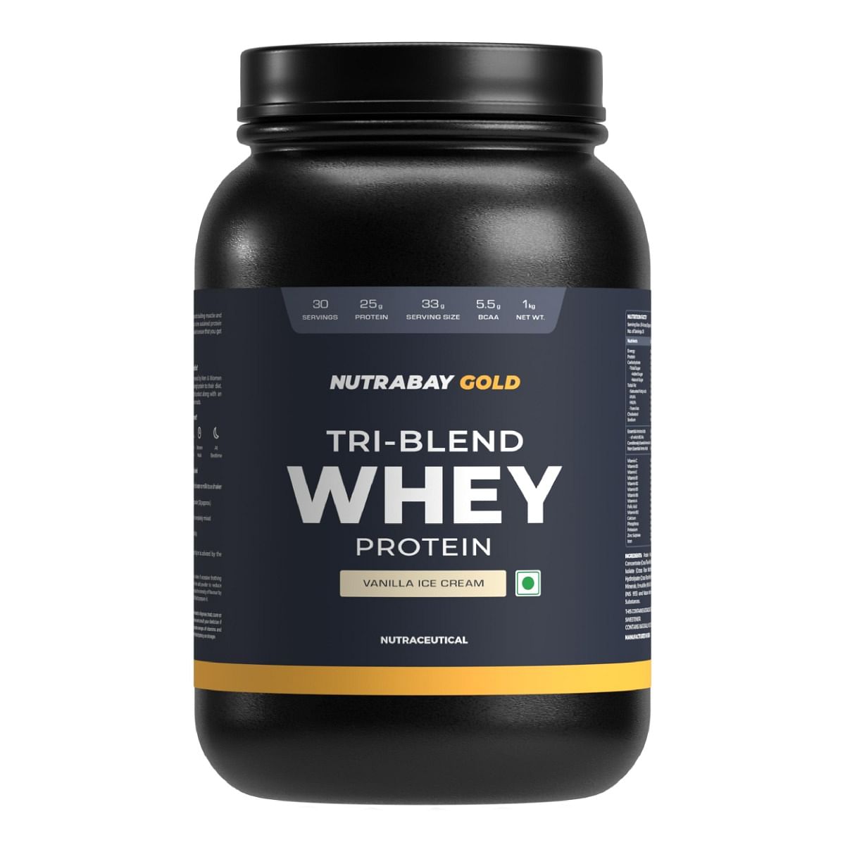 

Nutrabay Gold Tri Blend Whey Protein Powder (Hydrolyzed, Isolate & Concentrate) - 25g Protein, 5.5g BCAA - 1Kg, Vanilla Icecream