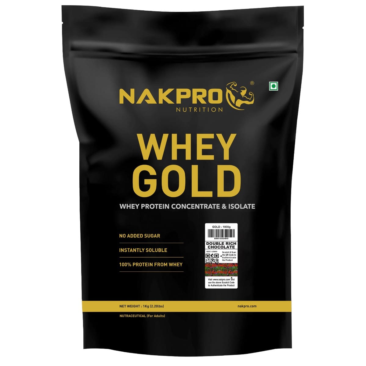 

NAKPRO Gold Whey Protein Concentrate and Isolate 1kg Double Rich Chocolate | 25.5g Protein, Trustified Certified Supplement Powder | Fast Absorbing...
