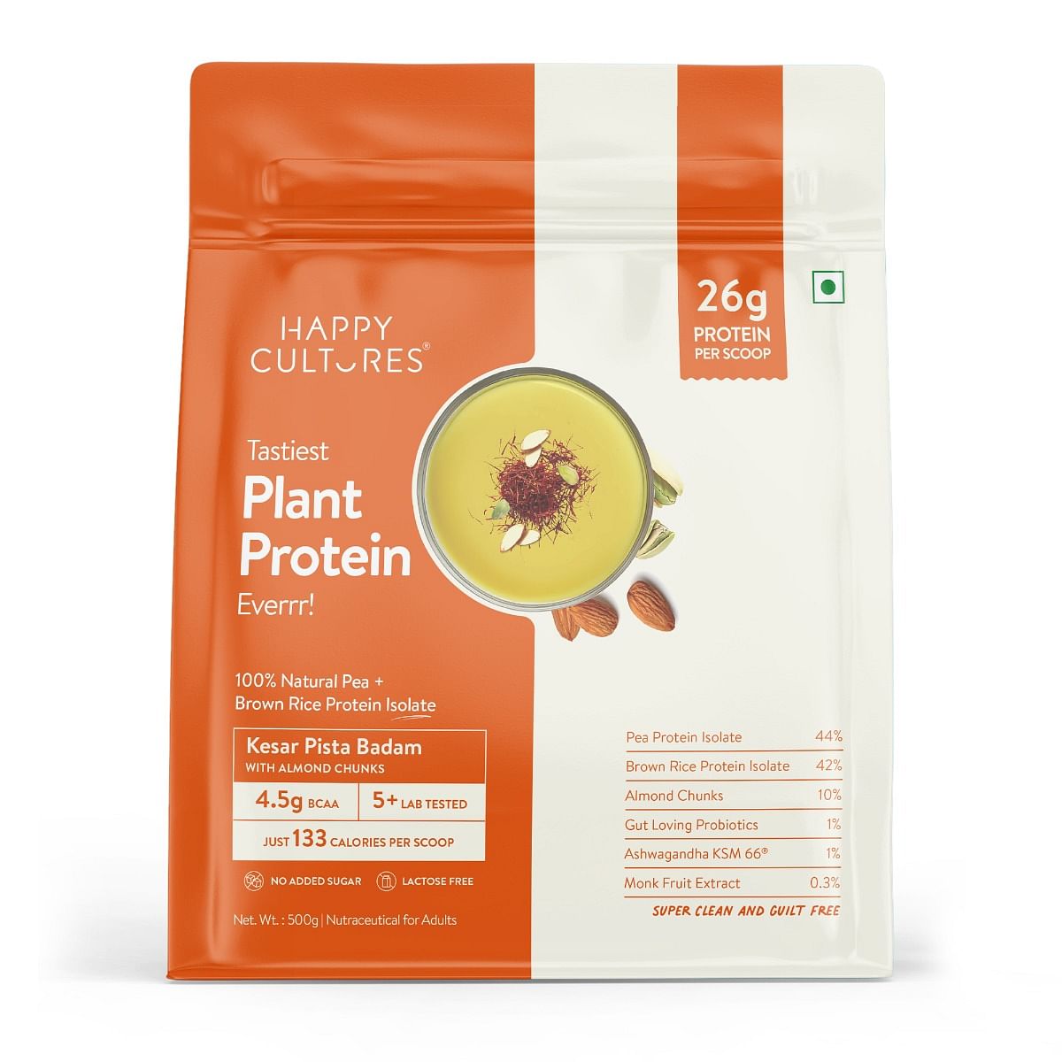 

Happy Cultures 26g Tastiest Plant Protein| Kesar Pista, Almond Chunks & Ashwagandha (KSM 66)| Pea & Brown Rice Protein Isolate| Vegan | 20 Complete...