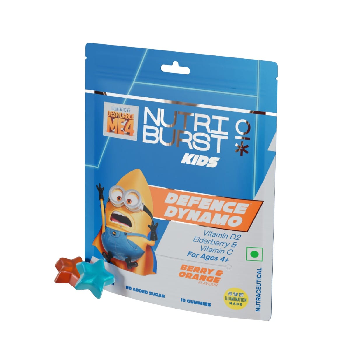 NutriBurst Defence Dynamo Kids Gummies - Immune Boost with Vitamin D, Vitamin C, & Black Elderberry Extract - Sugar-Free, Gluten-Free, Chewable Vegan Supplement For Kids Aged 4+ (Pack of 1)