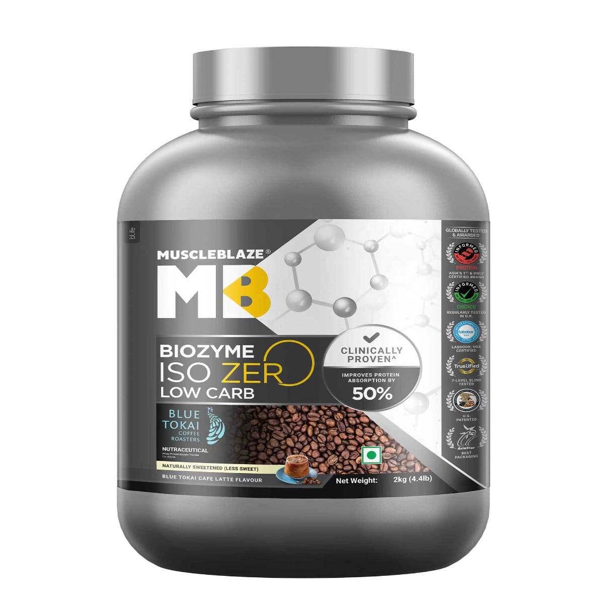 

MuscleBlaze Biozyme Iso-Zero, Low Carb Whey Protein Isolate, 27g Isolate Whey Per Scoop (Blue Tokai Cafe Latte, 2kg) with USA Patent-Published Enha...