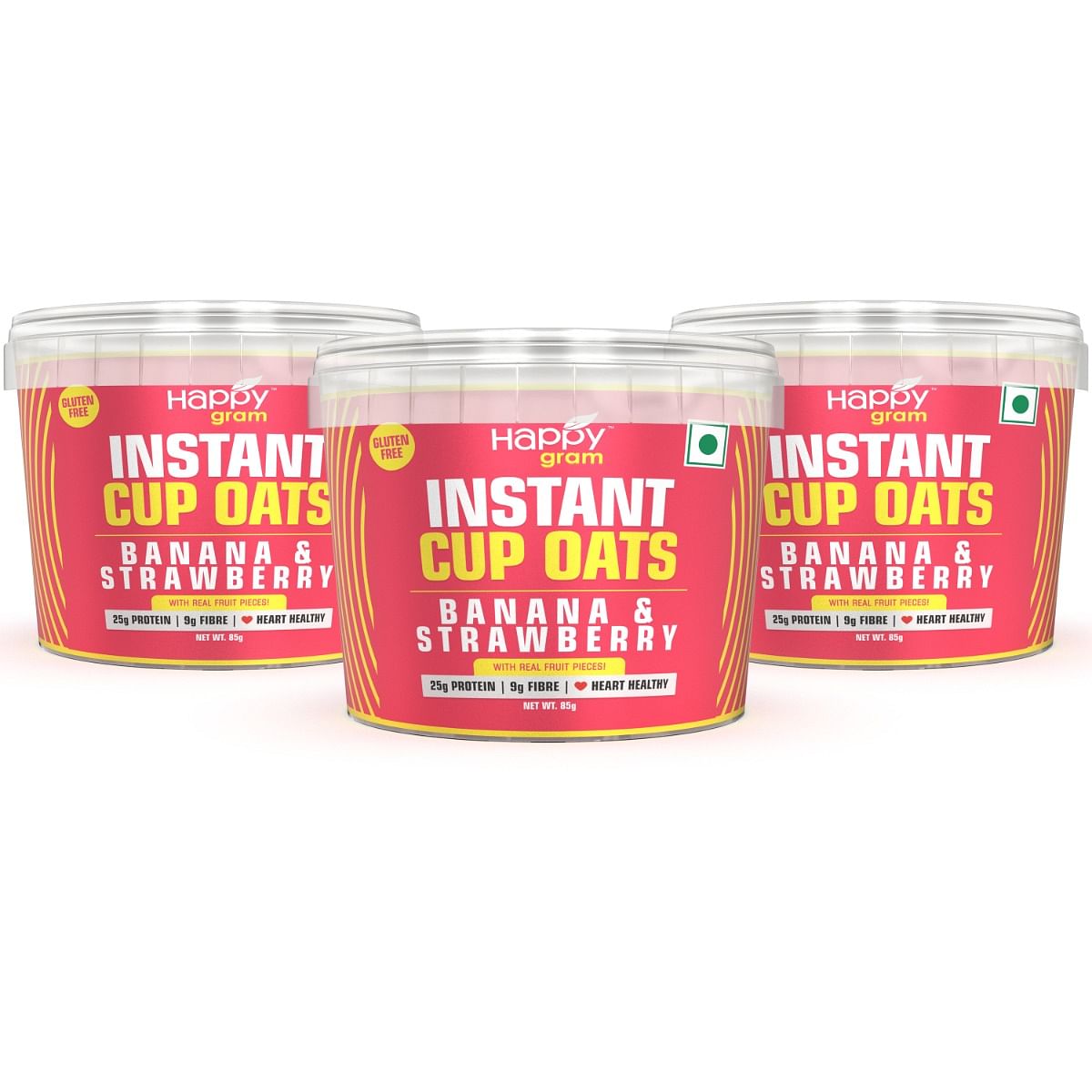 

Happy Gram Banana Strawberry Instant Cup Oats|25 GMS Whey Protein Isolate|9 GMS Fibre|Zero Added Sugar| Zero Preservatives|Gluten Free pack of 3