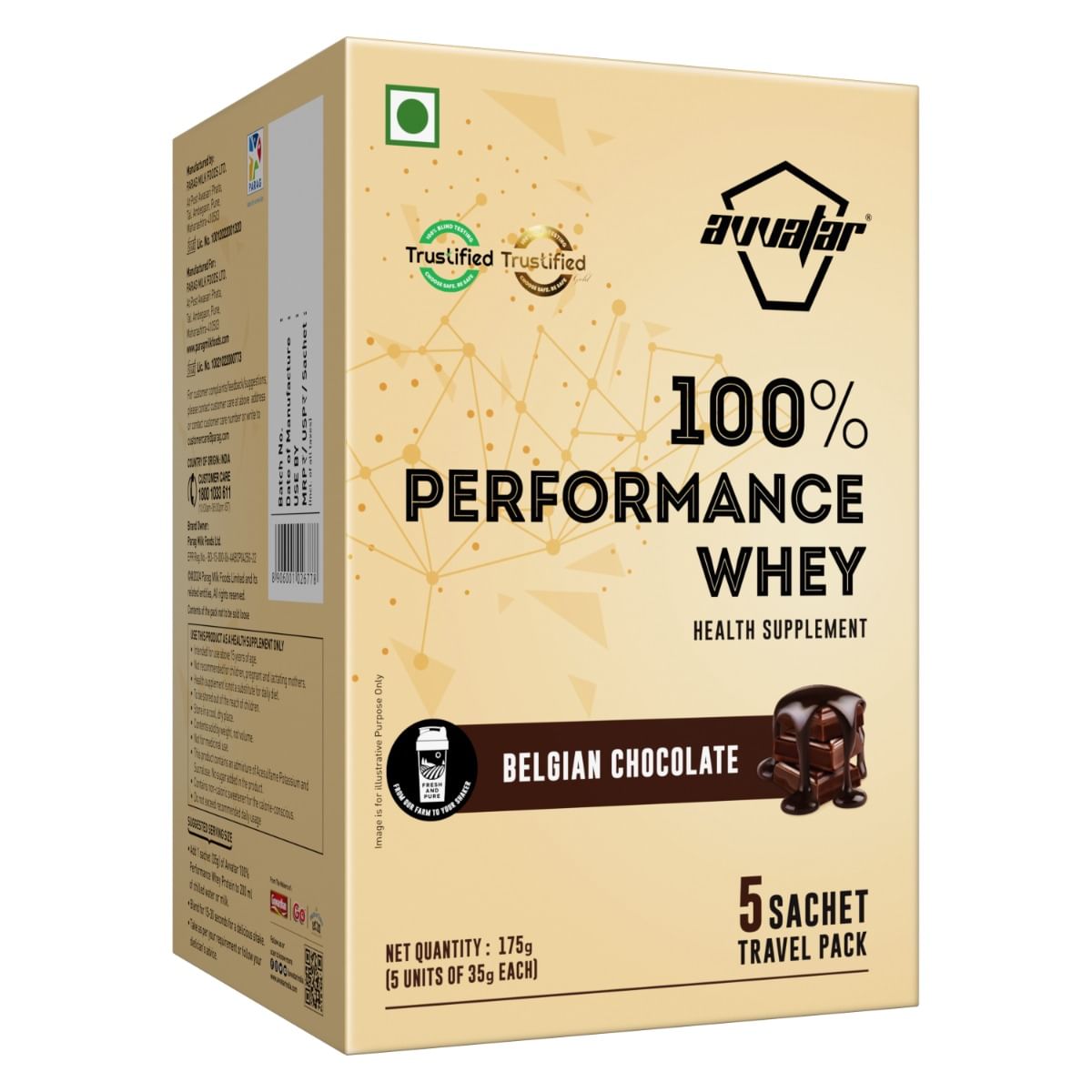 

Avvatar PERFORMANCE WHEY PROTEIN | (5x35g) Travel Pack | Belgian Chocolate Flavour | 25g Protein